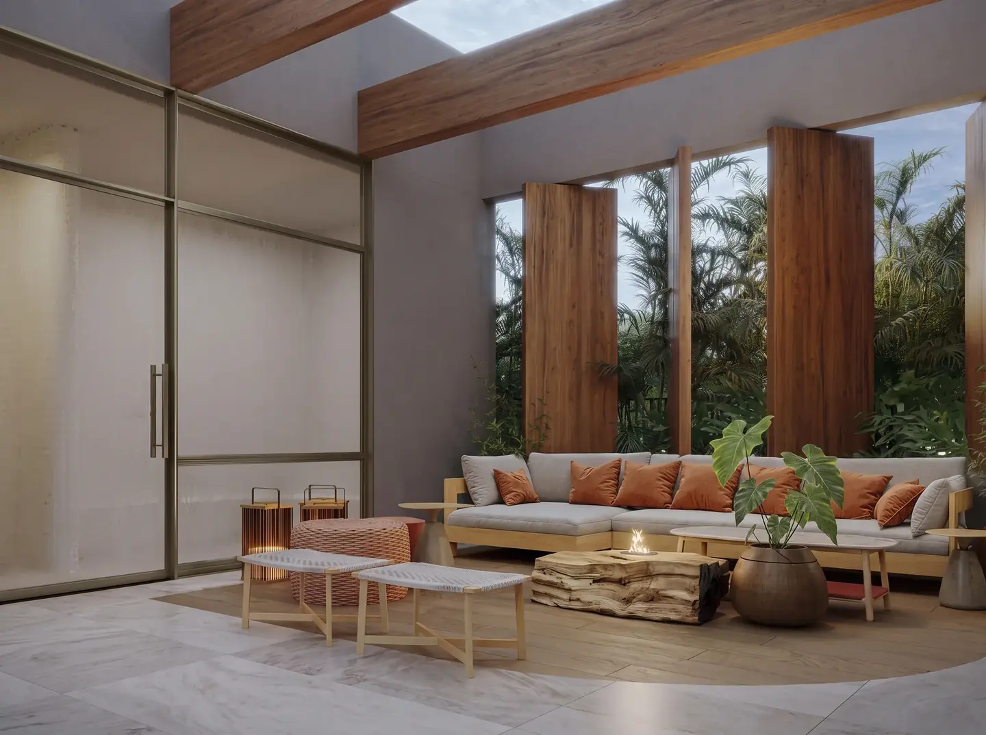 Lounge Privativo com Mobiliário Autoral e Iluminação Cênica