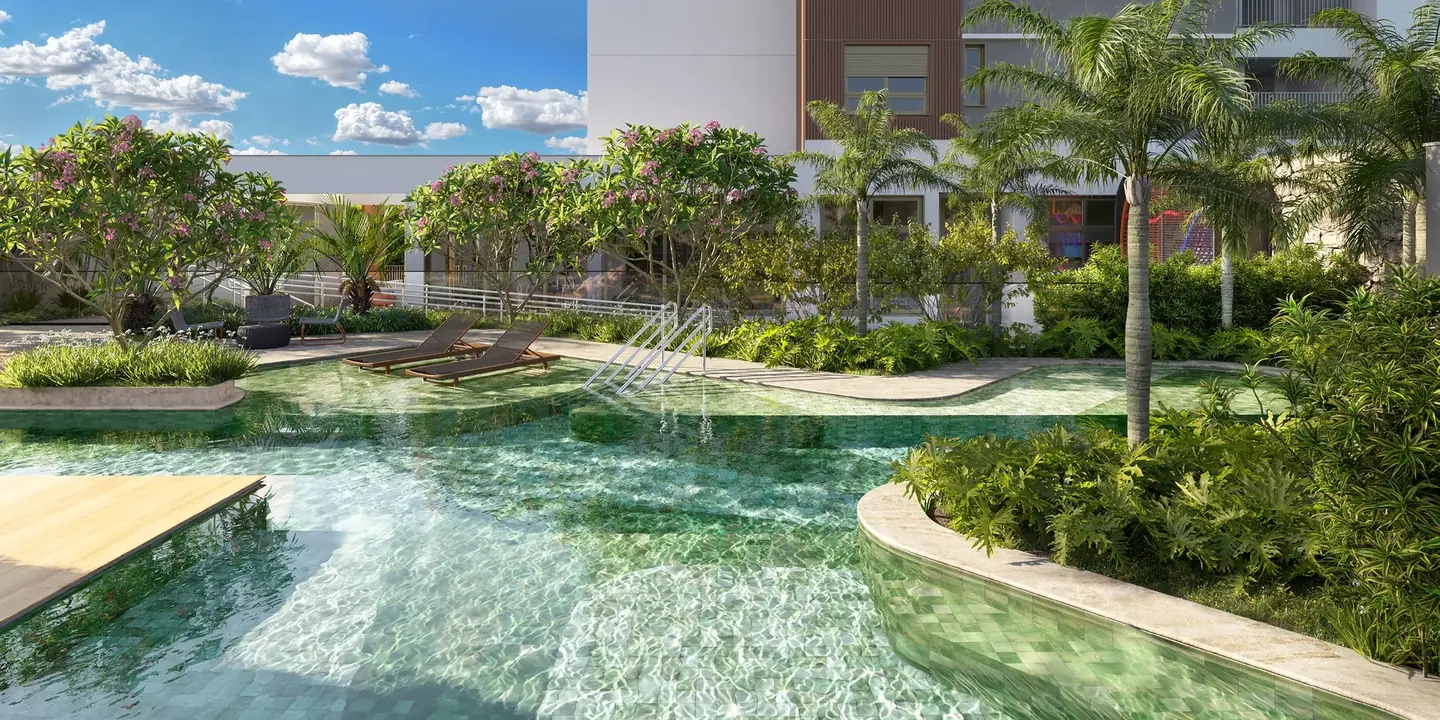 Piscina climatizada com raia de 20 metros e hidromassagem no Panorama Skyline Moema