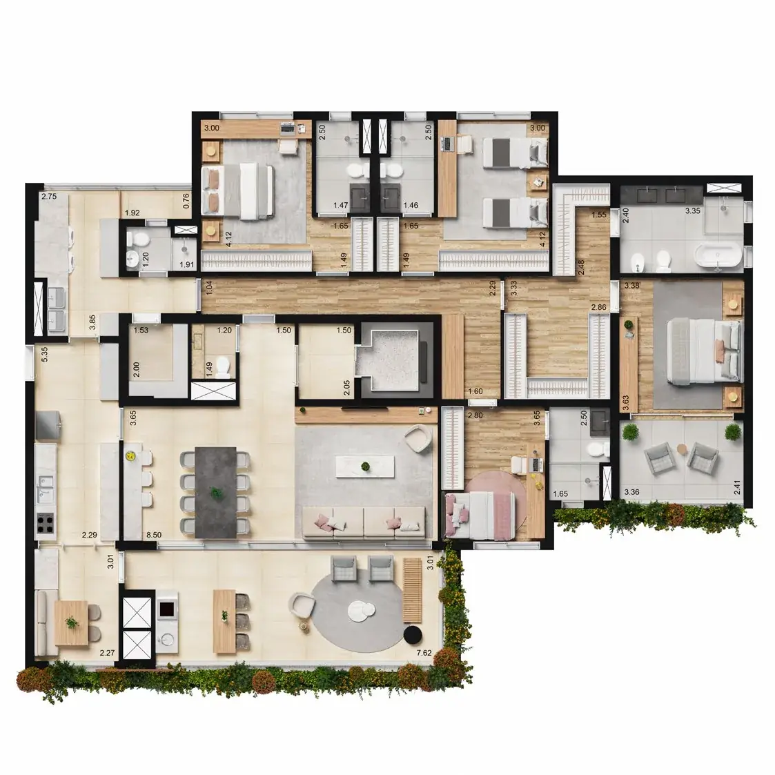 Planta técnica humanizada de 248,53 m² com 4 suítes e 2 terraços do Panorama Skyline Ibirapuera